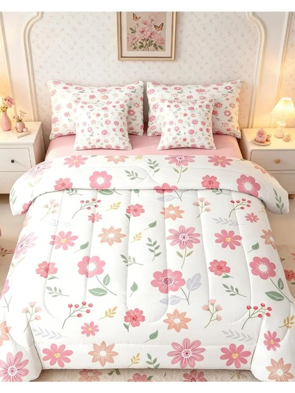 Cute Flower 7 Piece Bedding Set Fresh Flower Floral Comforter Set with Sheets fo